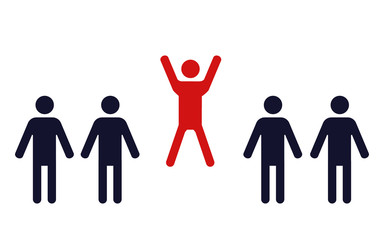 one happy jumping human figure in a row of identical standing men - vector illustration