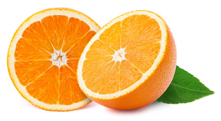 Perfectly retouched sliced halfs of oranges with leaf isolated on the white background with clipping path