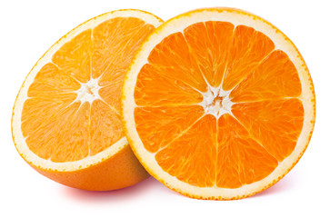 Fototapeta premium Perfectly retouched sliced halfs of oranges isolated on the white background with clipping path