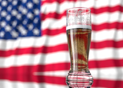 a glass of beer in front a north america flag. 3D illustration rendering.