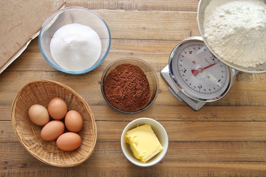 Chocolate cake ingredients ready to be mixed
