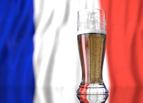a glass of beer in front a french flag. 3D illustration rendering.