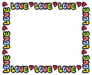 Vector frame with words "love" and hearts. Original custom hand lettering. Funny background for greeting cards, invitations, prints.