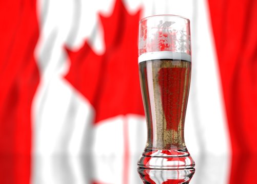 a glass of beer in front a canadian flag. 3D illustration rendering.