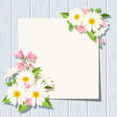 Vector card with daisies and pink bluebell flowers on a blue wooden background.