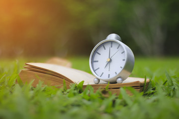 Stock Photo:.Retro clock and book with cup of coffee on the gree