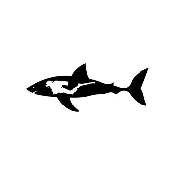 Shark with diver icon. Black icon on white background.