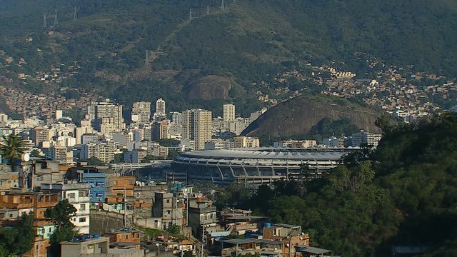 Aerial view of Rio de Janeiro Downtown with favela and football stadium, Brazil