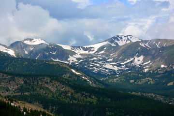 Obraz premium Snow Capped Mountains Above the Tree Line in a Pine Tree Forest in Colorado