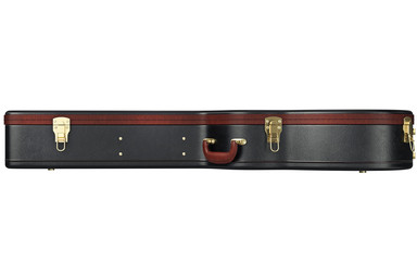 Leather guitar case with brown handle, side view. 3D graphic