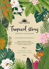 Obraz premium Vector vintage card. Botanical illustration. Tropical flowers and leaves. Colorful