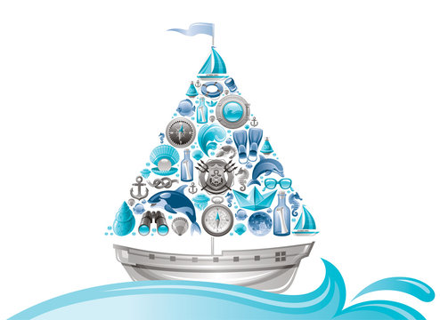 recommend clip art: Sea summer travel design with sail boat and icon set. Yachting coat of arms, compass rose, binoculars, killer whale, porthole, message in bottle, yacht, sailing ship, moon, lifebuoy