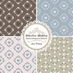 Seamless heart vector wedding and valentine background set with frame