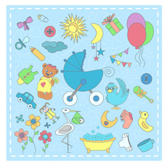 Baby's elements in freehand style for print and web.