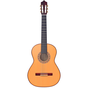 Classical guitar acoustic with nylon strings, front view. 3D graphic