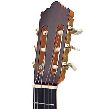 Brown wooden guitar headstock fingerboard with gilded tuning-pegs, close view. 3D graphic