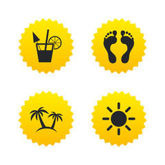 Beach holidays icons. Cocktail, human footprints