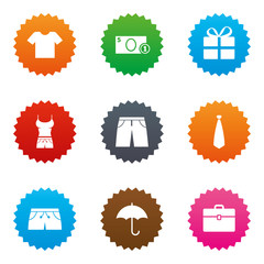 Clothing, accessories icons. Shopping signs.