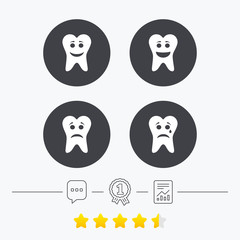Tooth happy, sad and crying face icons.