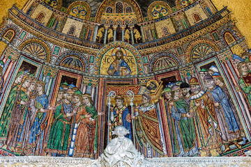 13th-century mosaic of the reception of St. Mark’s body into San Marco on the facade of the St...