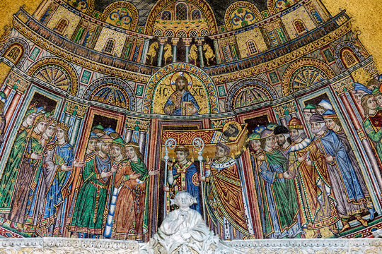 13th-century mosaic of the reception of St. Mark’s body into San Marco on the facade of the St Mark's Basilica in Venice, Italy