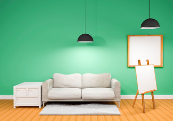 sofa and table modern and picture frame in room of a background wall (3D Rendering)