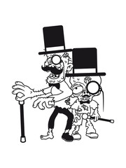 2 buddies few team party sir mr gentlemen cylindrical hat monokel glasses man stock fly suit mustache mustache zombie