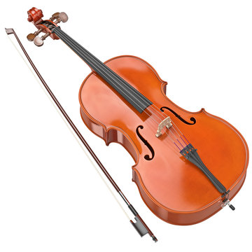 Classic cello with bow and metal strings. 3D graphic