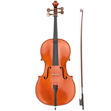 Cello classical wood with bow, front view. 3D graphic