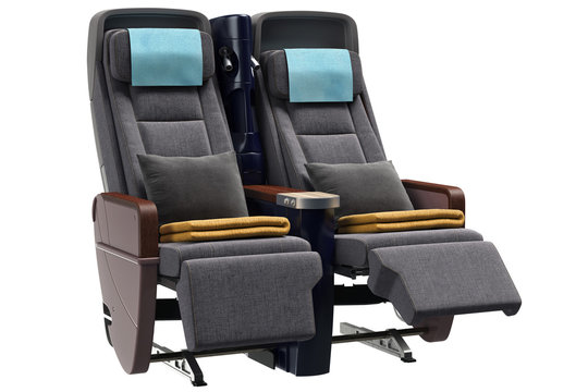 Airplane chairs textiles with gray pillows. 3D graphic