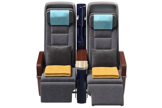 Aircraft chairs comfortable with leather armrests, front view. 3D graphic