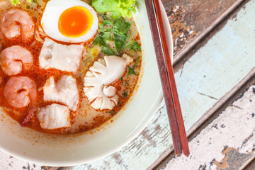 Seafood Tomyum noolde  and boil egg Thailand Food yummy