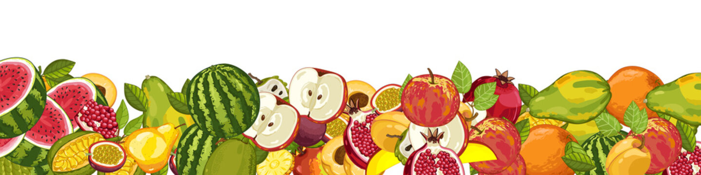 Fruit mix with leaves on wite background vector illustration