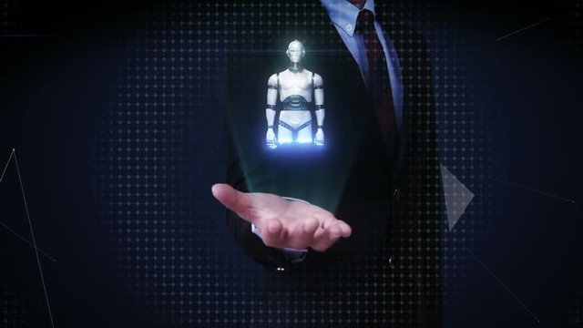 Businessman open palm, Scanning rotating 3D robot body in digital interface.
