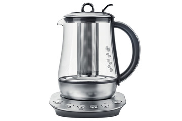 Electric kettle on aluminum stand, front view. 3D graphic