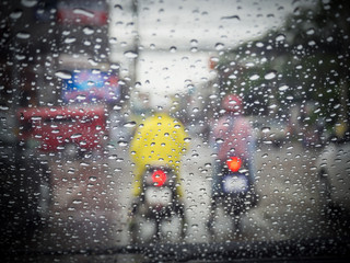 Drive in a rainy day, Rain drops on windshield car