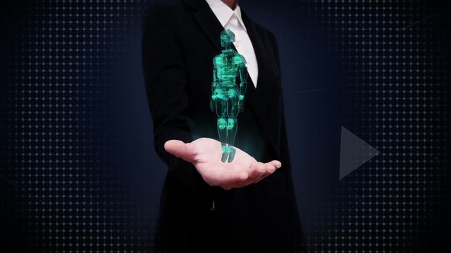 Businesswoman open palm, Rotating transparency 3D robot body, X-ray scan.