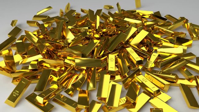 many gold bars falling on the white plane, 3d rendering