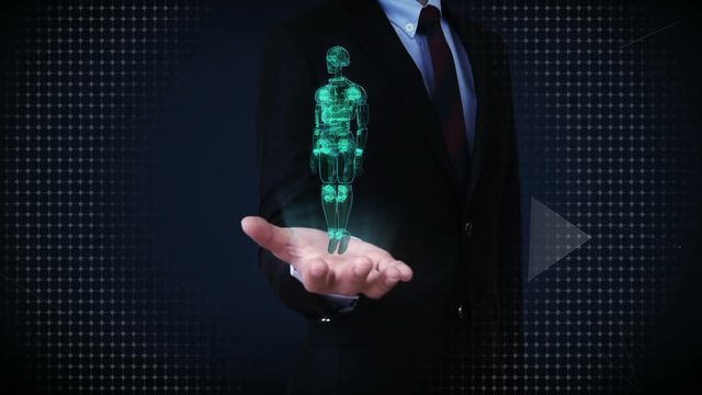 Businessman open palm, Rotating transparency 3D robot body, X-ray scan.
