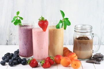 Various milkshakes with fruits