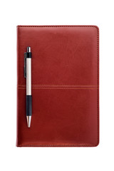 Leather notebook and pen isolated on white background with clipping path.