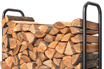 Firewood stack chopped woodpile on metal rack, close view. 3D graphic