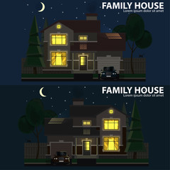 Family house at night. 2 houses, car and trees. Hearth and home. Flat design. For your project. Vector Illustration