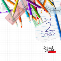 Back to school background with school supplies. School equipment for painting and art. Vector realistic illustration. 