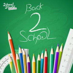 Back to school background with school supplies. School equipment for painting and art. Vector realistic illustration. 