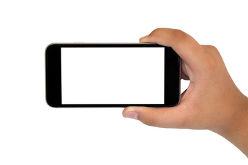 Beautiful hand holding black phone isolated on white background with clipping path.