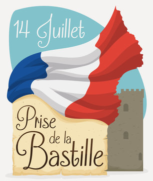Design with French Flag, Scroll and Fortress for Bastille Celebration, Vector Illustration