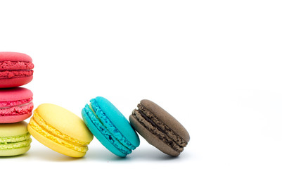 Sweet and colourful french macaroons or macaron on white backgro