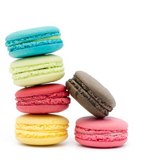 Sweet and colourful french macaroons or macaron on white background