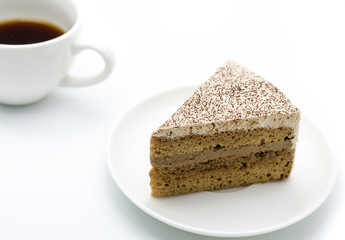 cake and coffee cup on white background